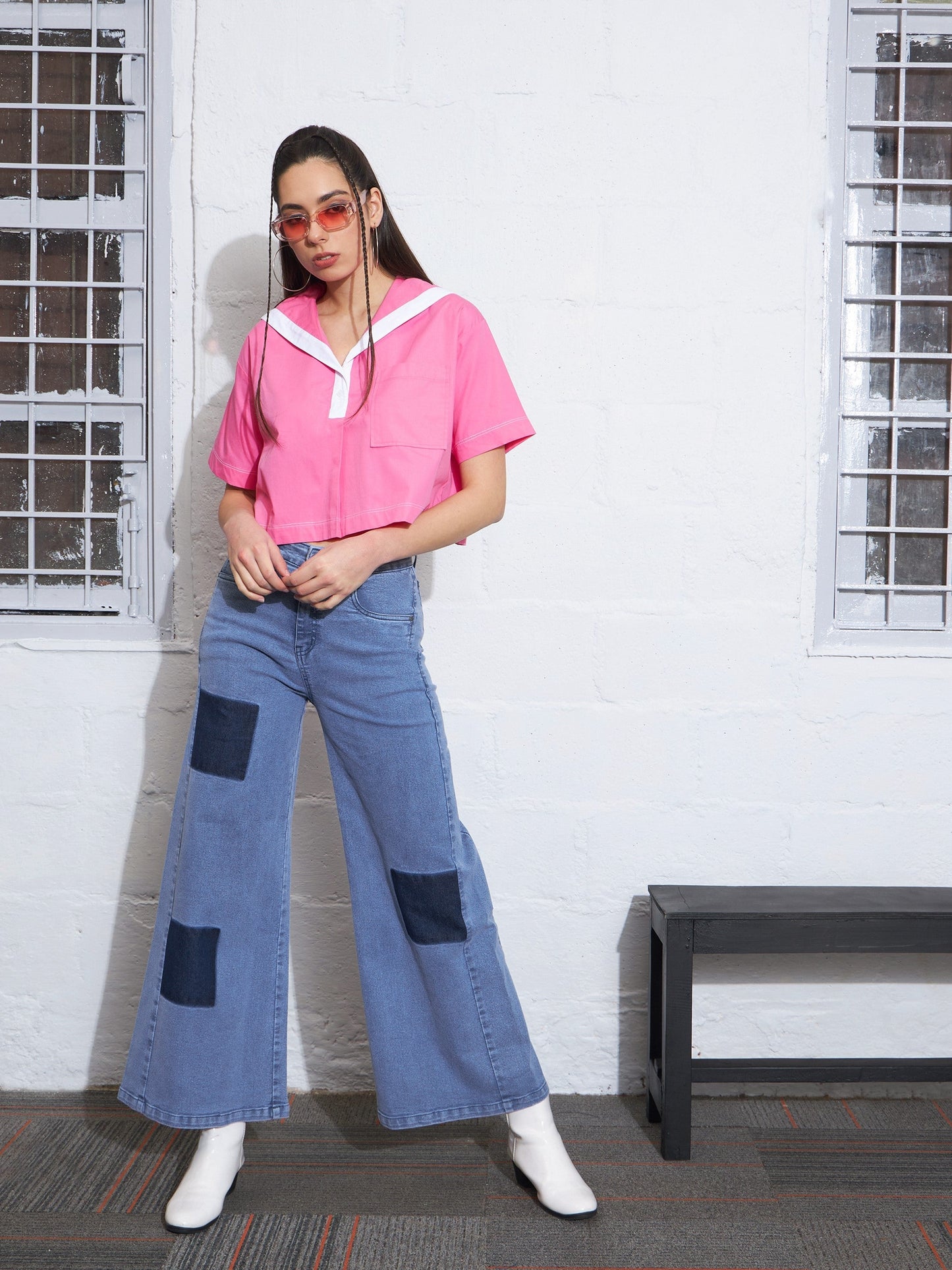 Light Blue Contrast Patch Wide Leg Jeans