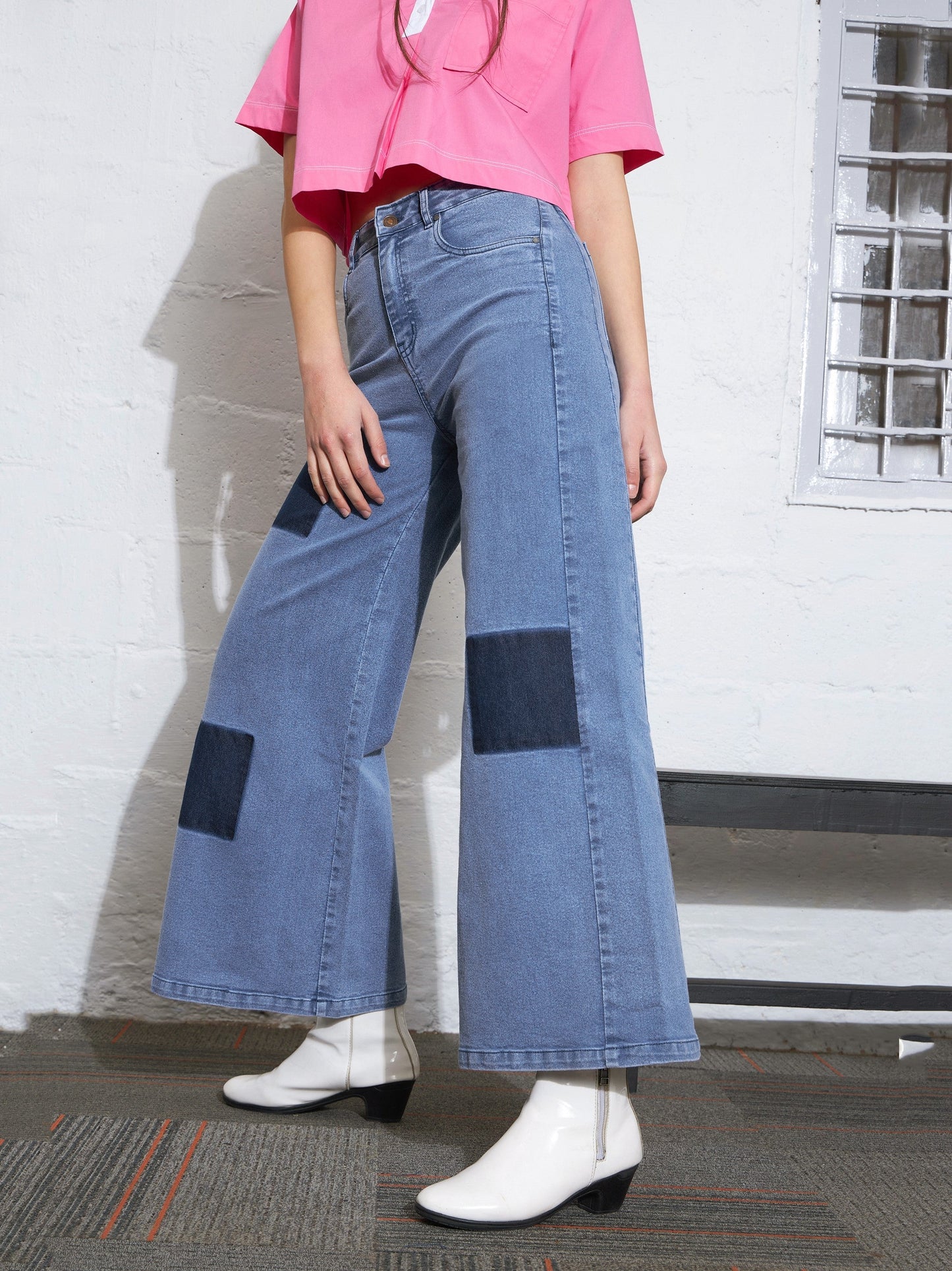 Light Blue Contrast Patch Wide Leg Jeans