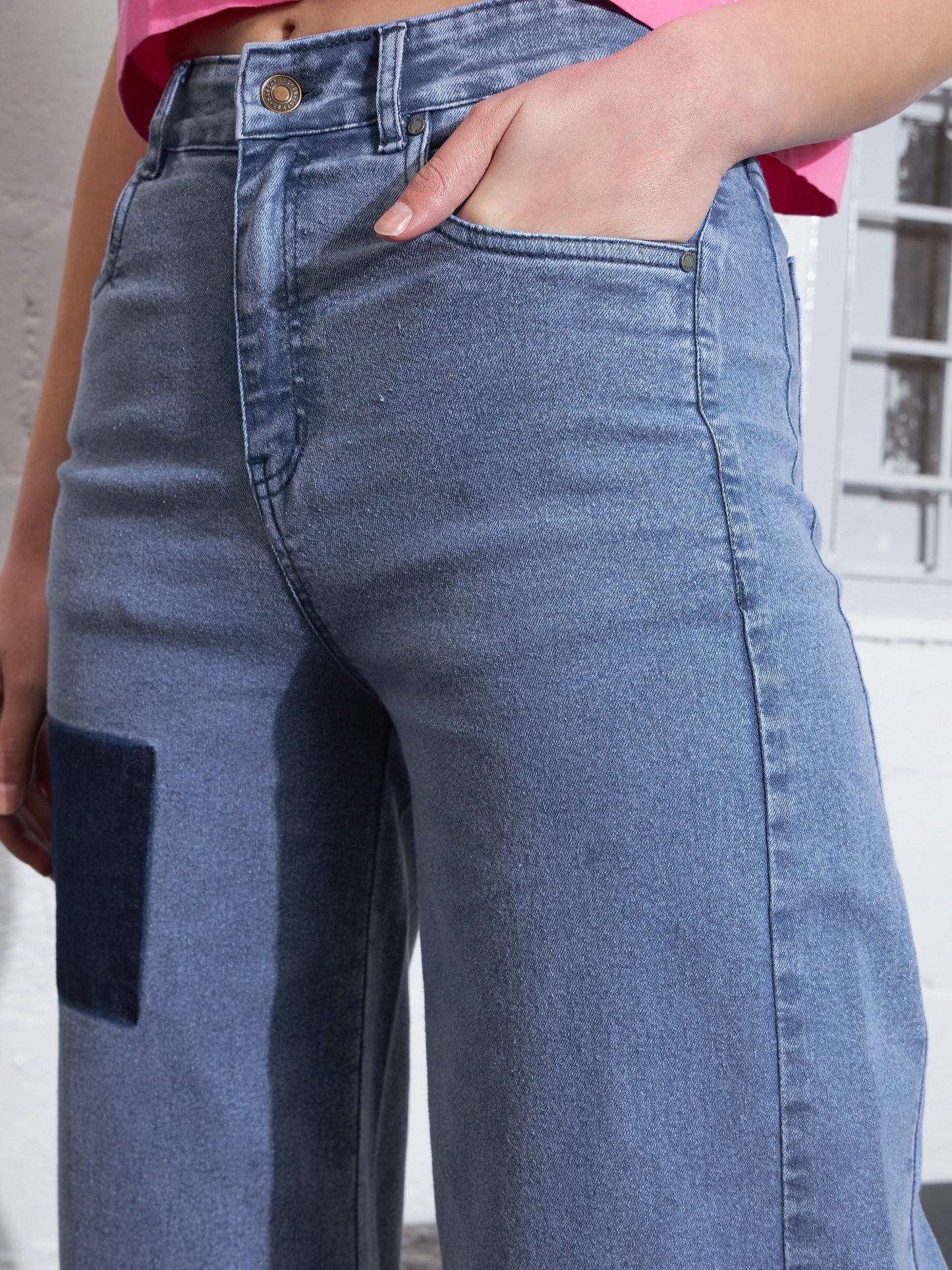 Light Blue Contrast Patch Wide Leg Jeans