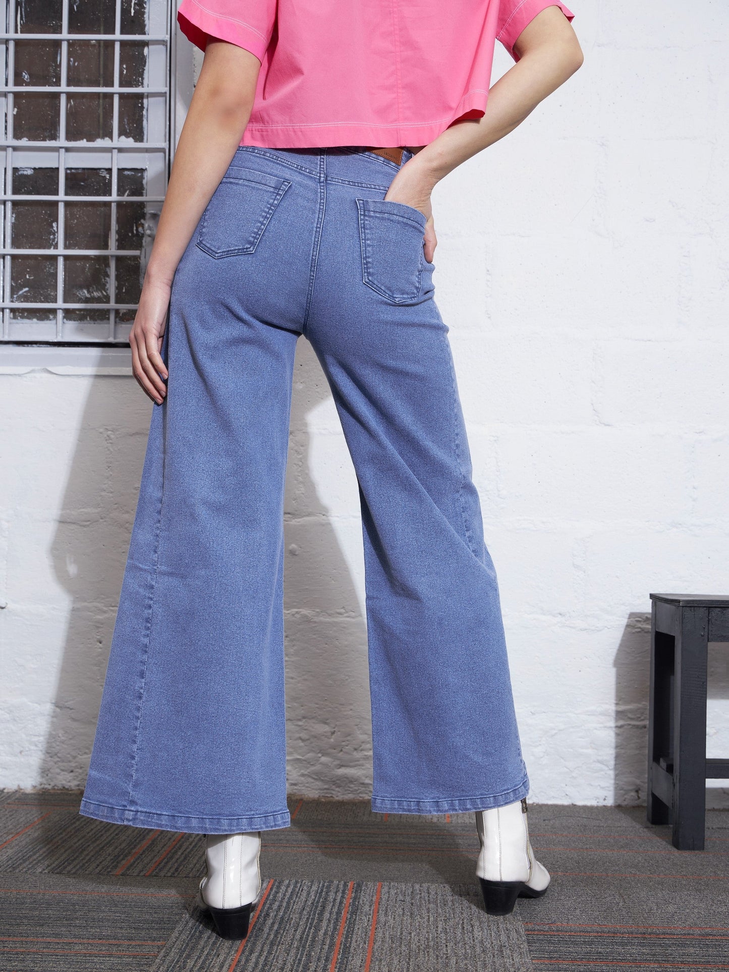 Light Blue Contrast Patch Wide Leg Jeans