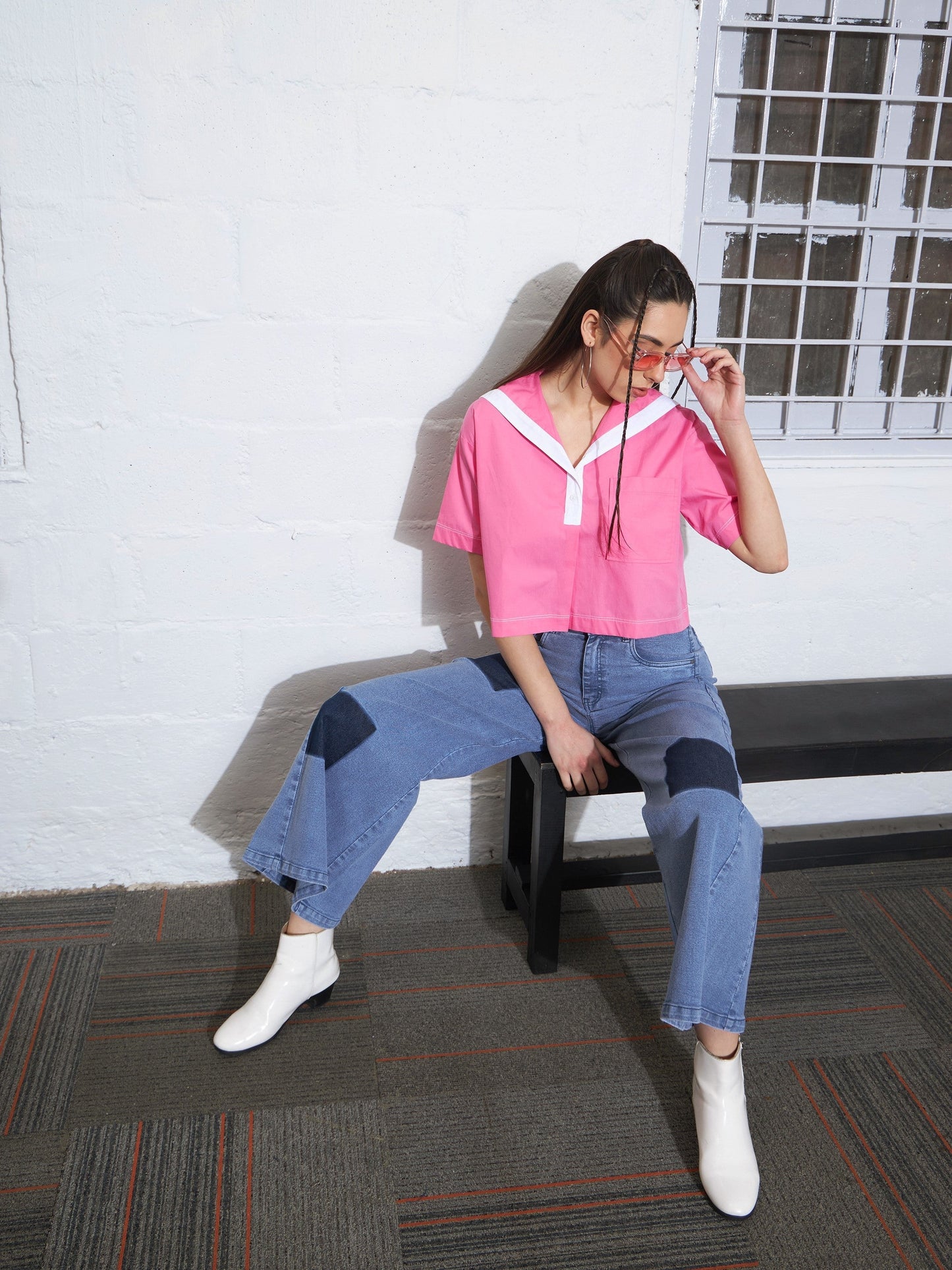 Light Blue Contrast Patch Wide Leg Jeans