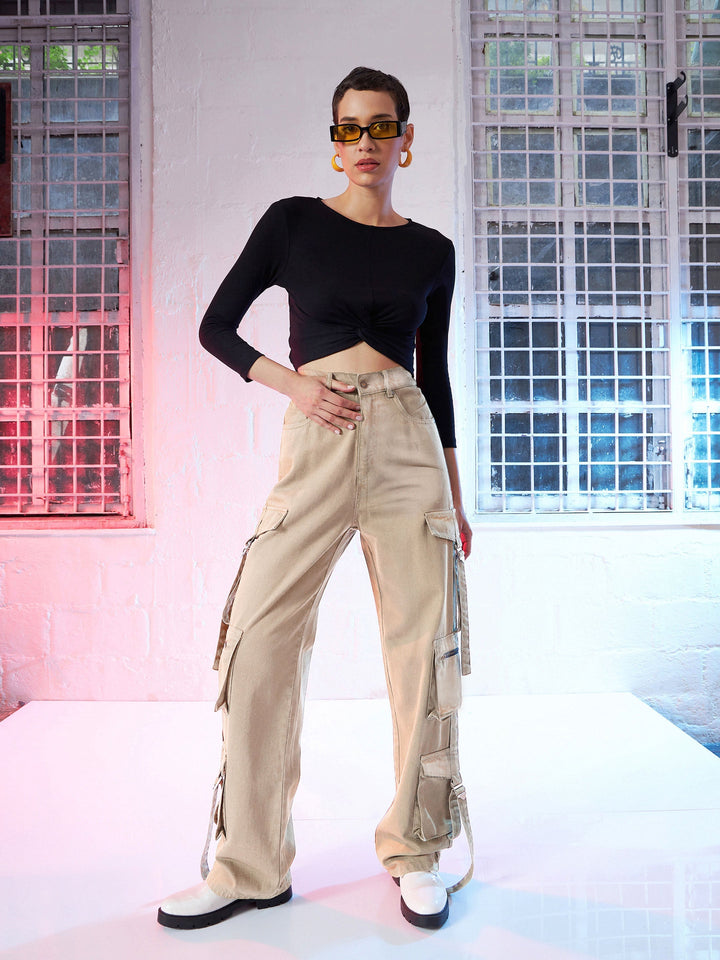 Women Beige Zipper Pocket Cargo Straight Jeans