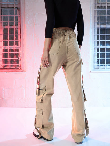 Women Beige Zipper Pocket Cargo Straight Jeans