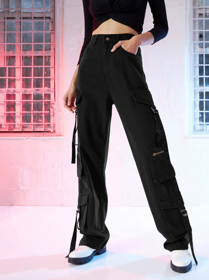 Women's Women Black Zipper Pocket Cargo Straight Jeans in Cotton by Sassafras for wholesale, bulk, supplier, manufacturer and wholesaler buyers from Trendphoria