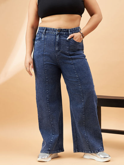 Blue Wash High Waist Seam Detail Straight Jeans