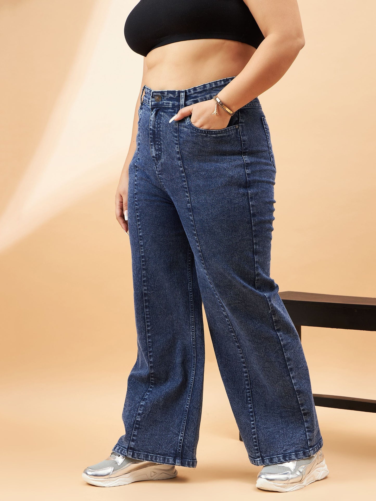 Blue Wash High Waist Seam Detail Straight Jeans