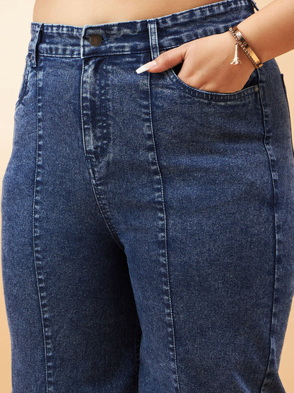 Blue Wash High Waist Seam Detail Straight Jeans