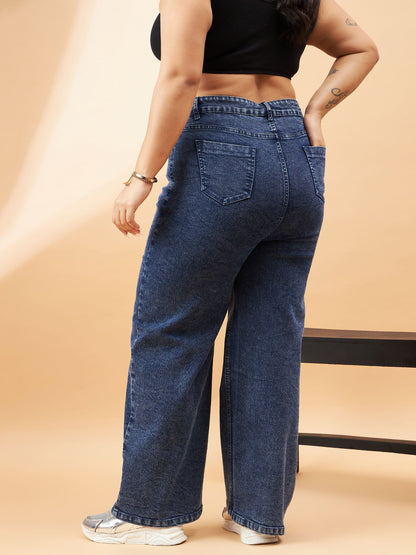 Blue Wash High Waist Seam Detail Straight Jeans
