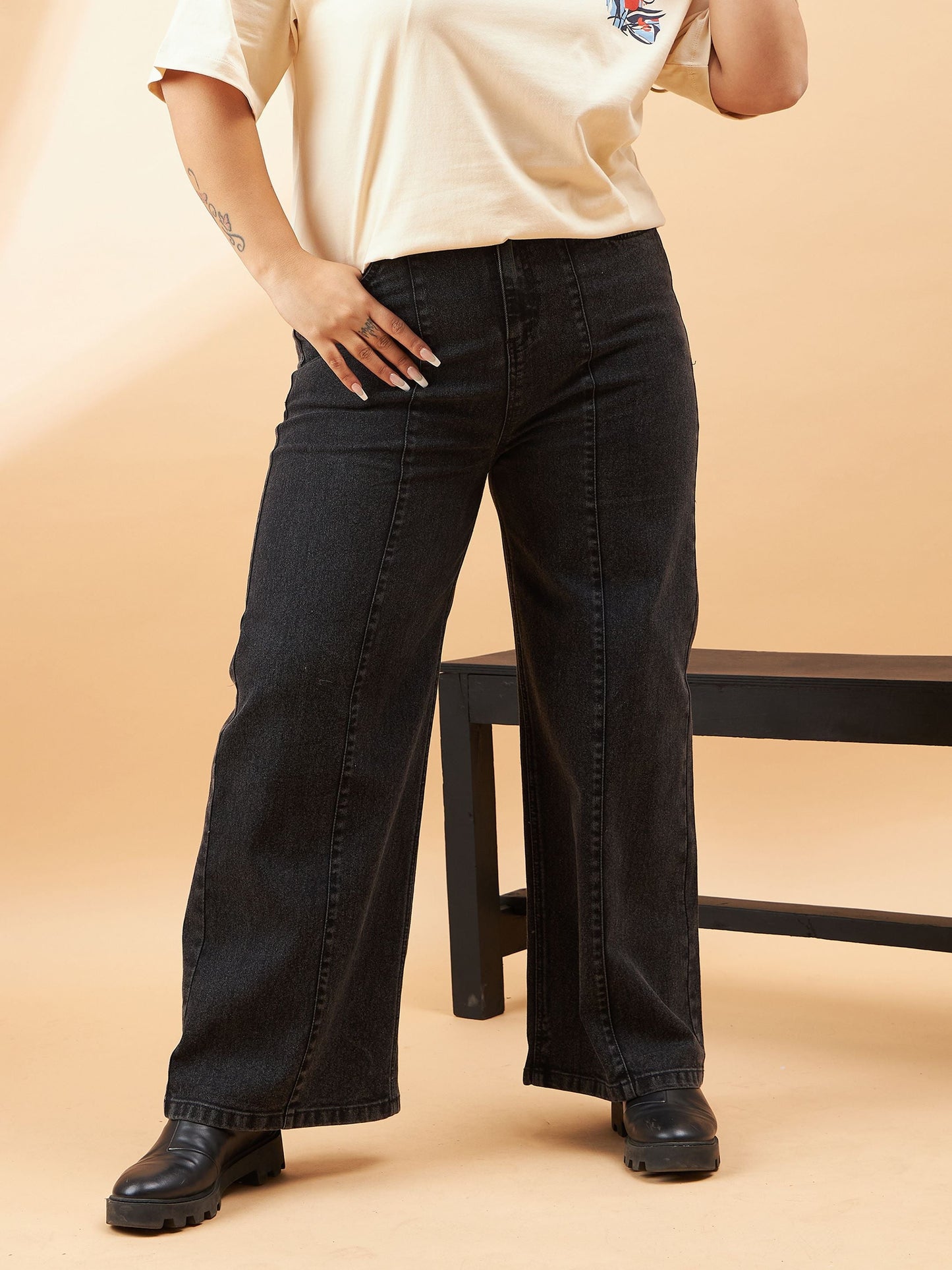 Black Acid Wash High Waist Seam Detail Straight Jeans