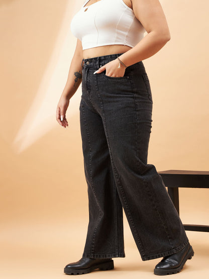 Black Acid Wash High Waist Seam Detail Straight Jeans