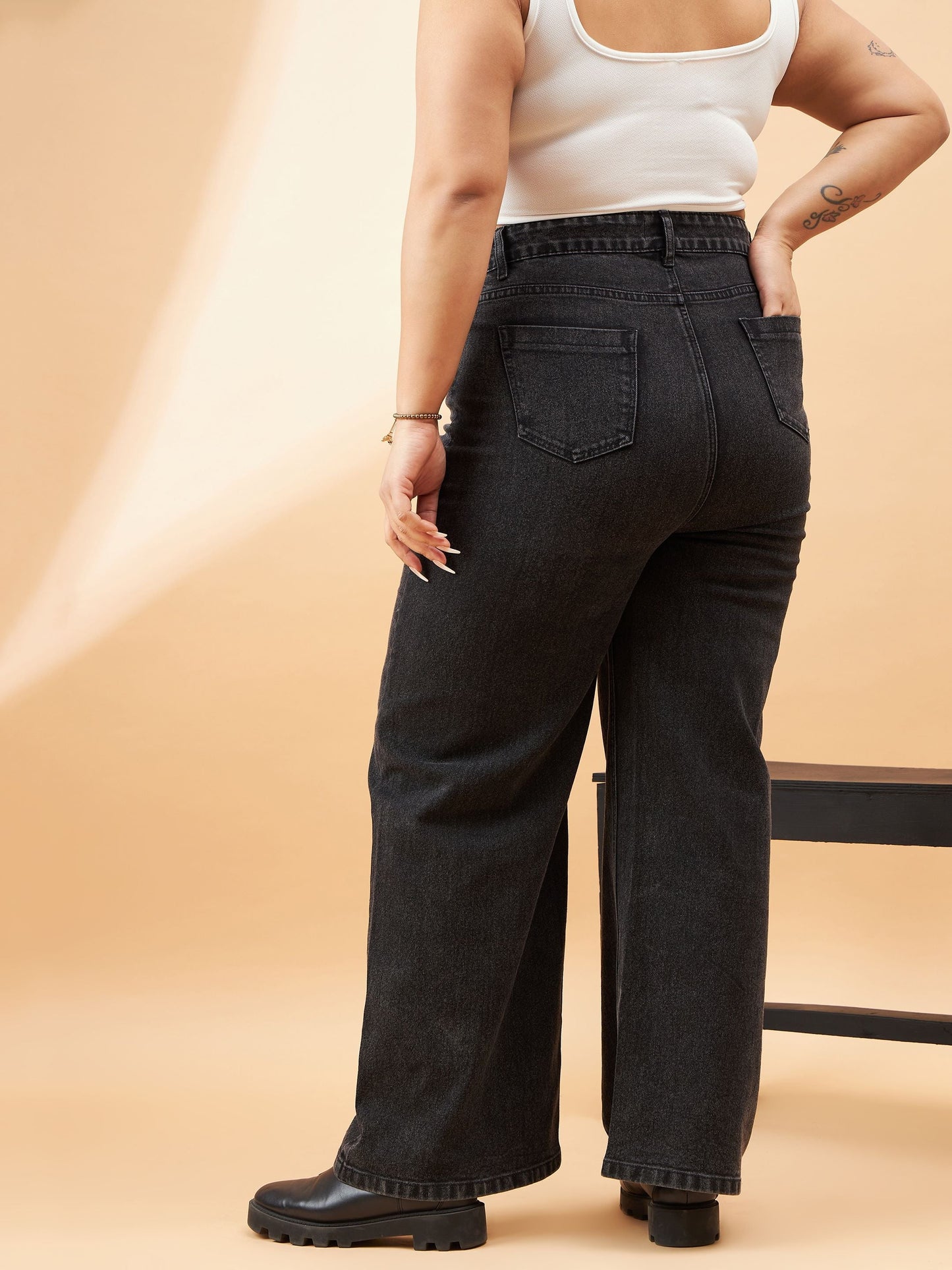 Black Acid Wash High Waist Seam Detail Straight Jeans
