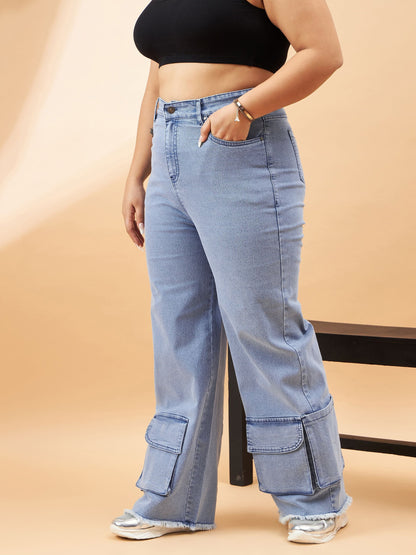 Ice Blue Hem Pockets Straight Jeans