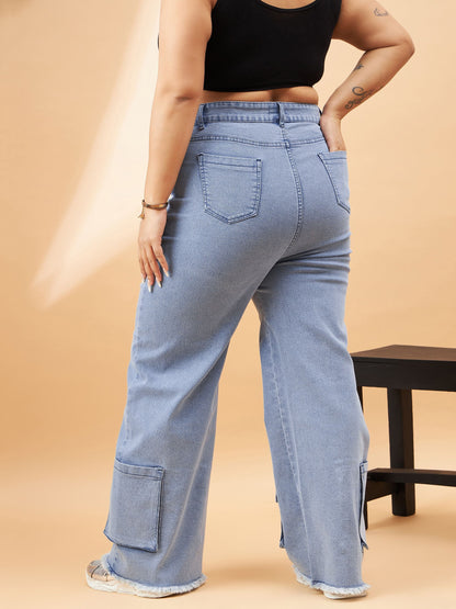 Ice Blue Hem Pockets Straight Jeans