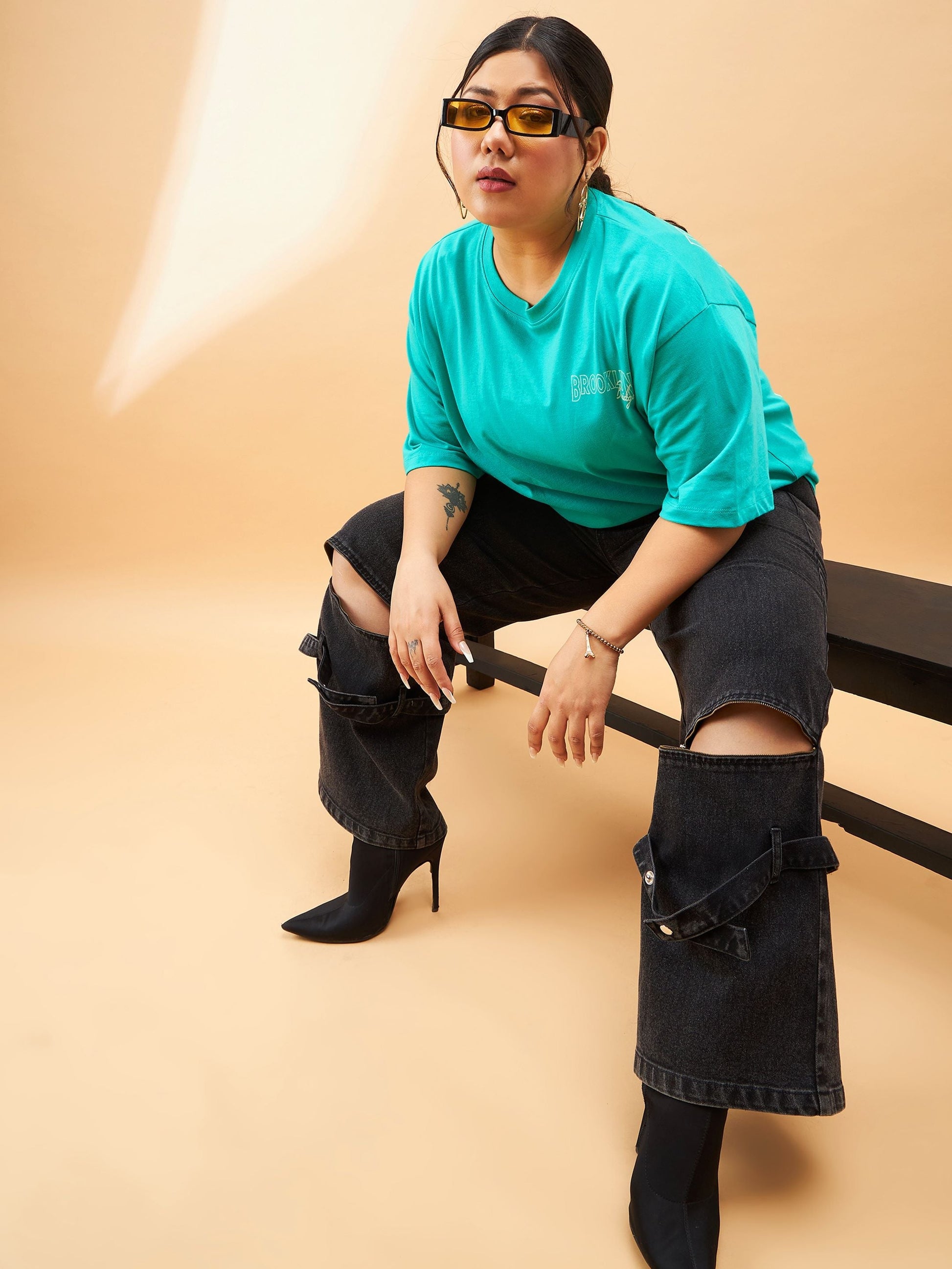 Plus size women's Black Denim Black Acid Wash Hem Zipper Detail Straight Jeans by Sassafras Curve for wholesale buyers, boutiques, resellers and bulk