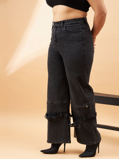 Black Acid Wash Hem Zipper Detail Straight Jeans-SASSAFRAS Curve