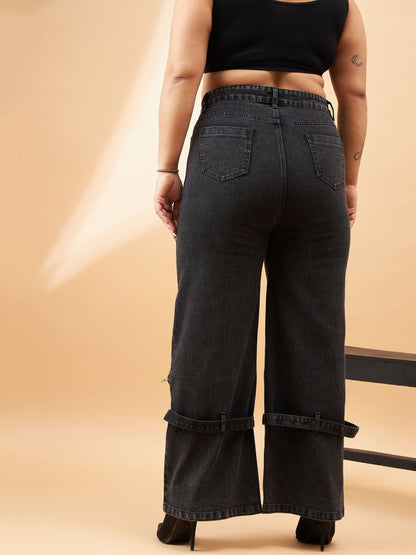 Black Acid Wash Hem Zipper Detail Straight Jeans-SASSAFRAS Curve