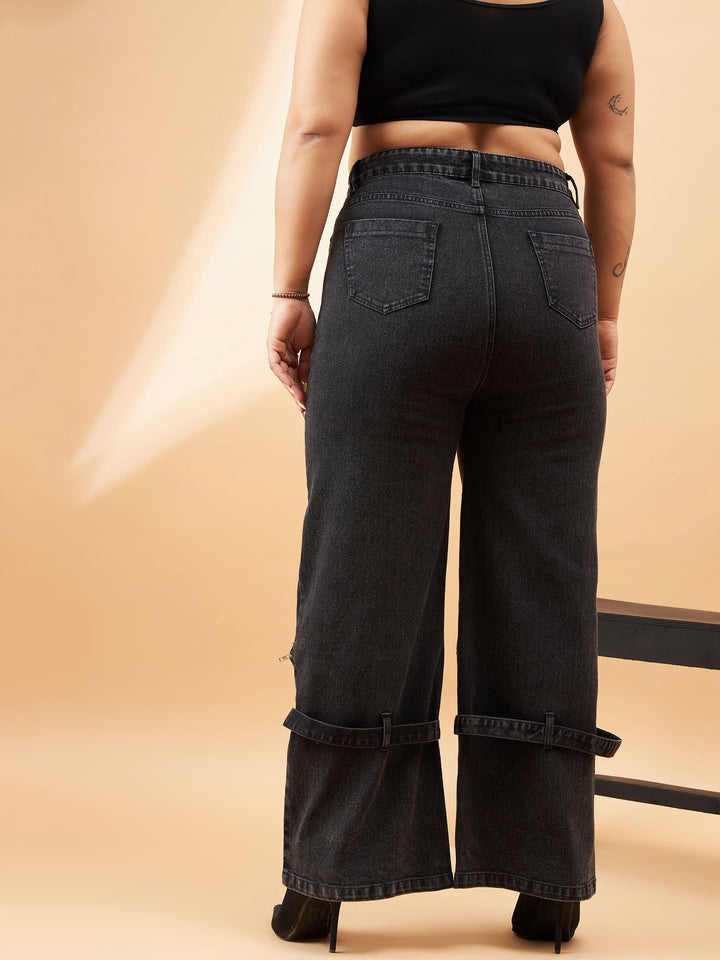 Black Acid Wash Hem Zipper Detail Straight Jeans-SASSAFRAS Curve