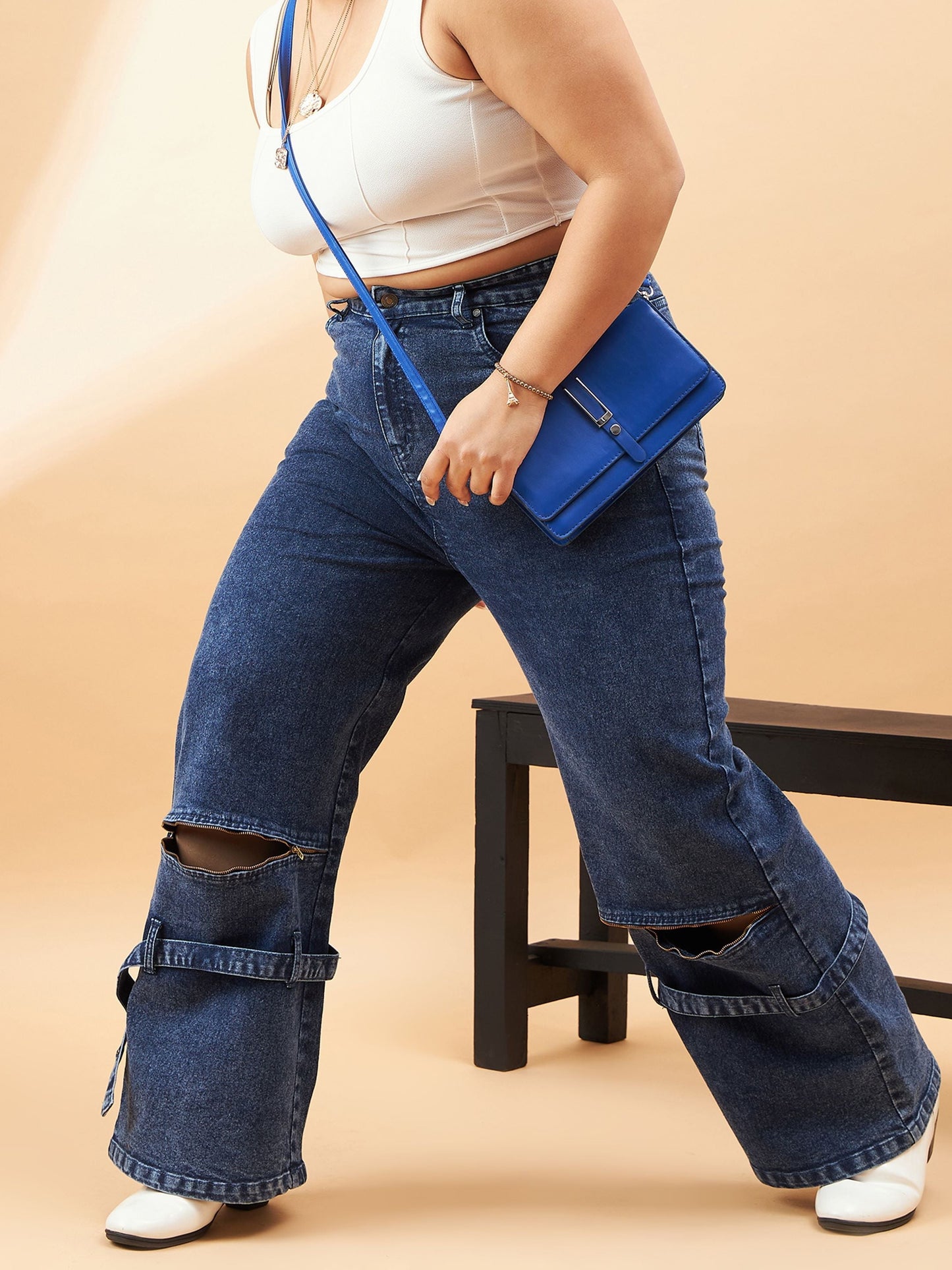 Plus size women's Blue Denim Blue Acid Wash Hem Zipper Detail Straight Jeans by Sassafras Curve for wholesale buyers, boutiques, resellers and bulk