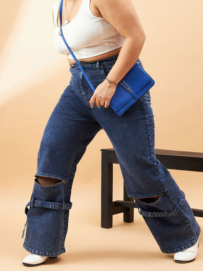 Plus size women's Blue Denim Blue Acid Wash Hem Zipper Detail Straight Jeans by Sassafras Curve for wholesale buyers, boutiques, resellers and bulk