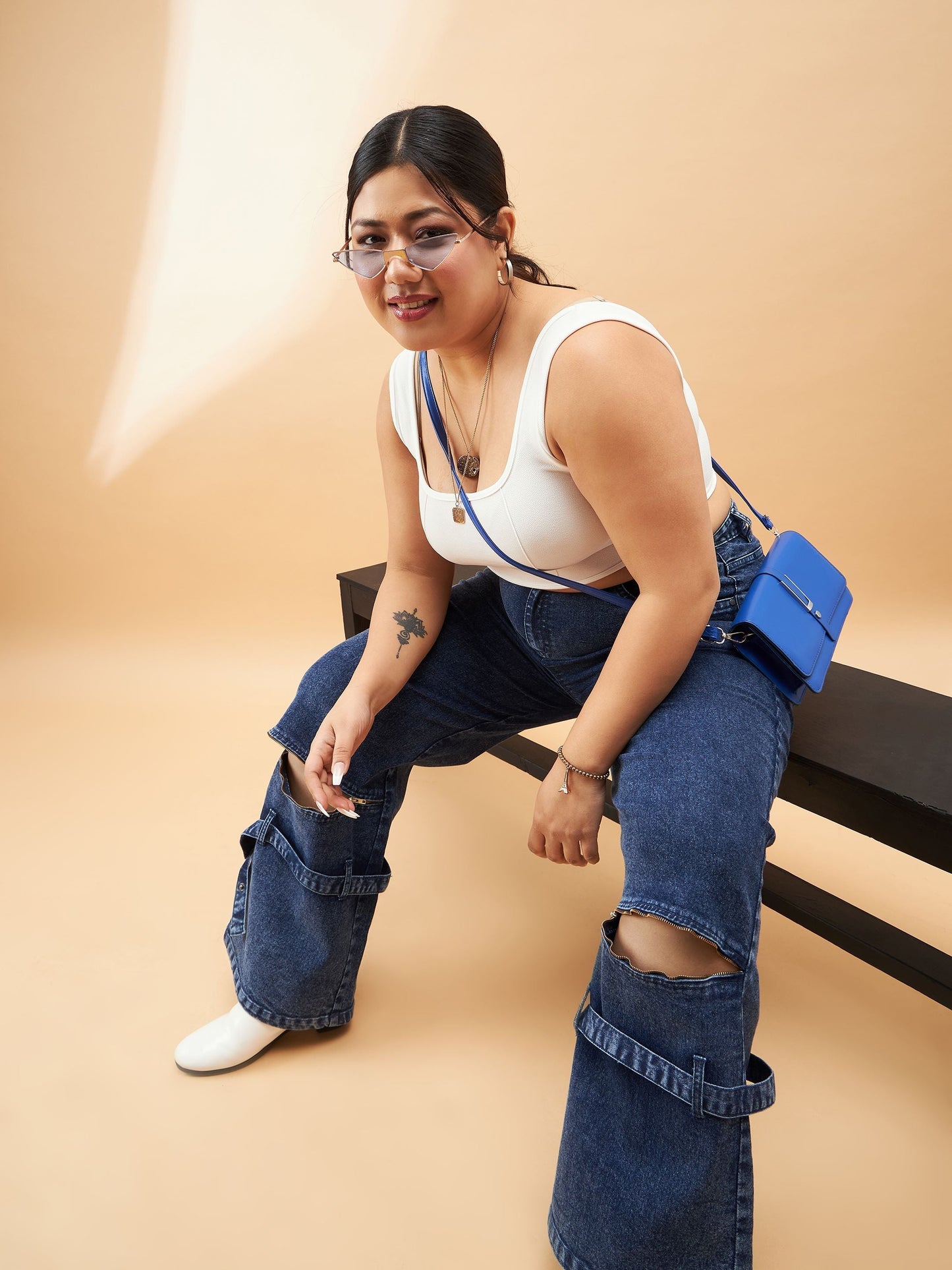 Blue Acid Wash Hem Zipper Detail Straight Jeans-SASSAFRAS Curve