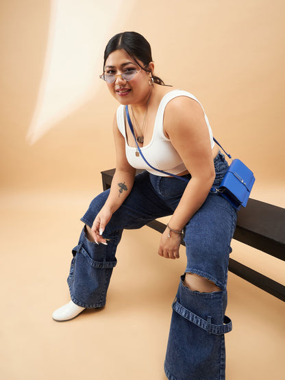 Blue Acid Wash Hem Zipper Detail Straight Jeans-SASSAFRAS Curve