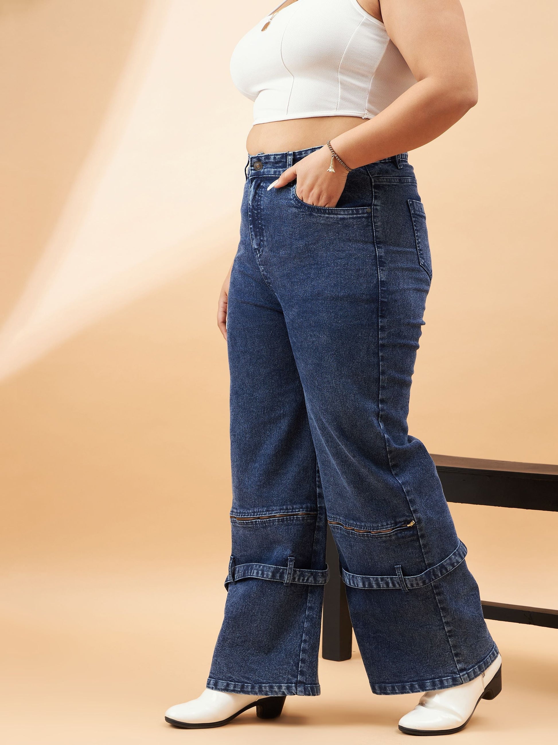 Blue Acid Wash Hem Zipper Detail Straight Jeans-SASSAFRAS Curve