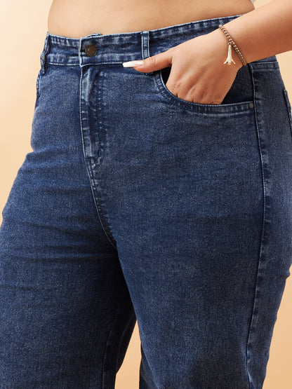 Blue Acid Wash Hem Zipper Detail Straight Jeans-SASSAFRAS Curve