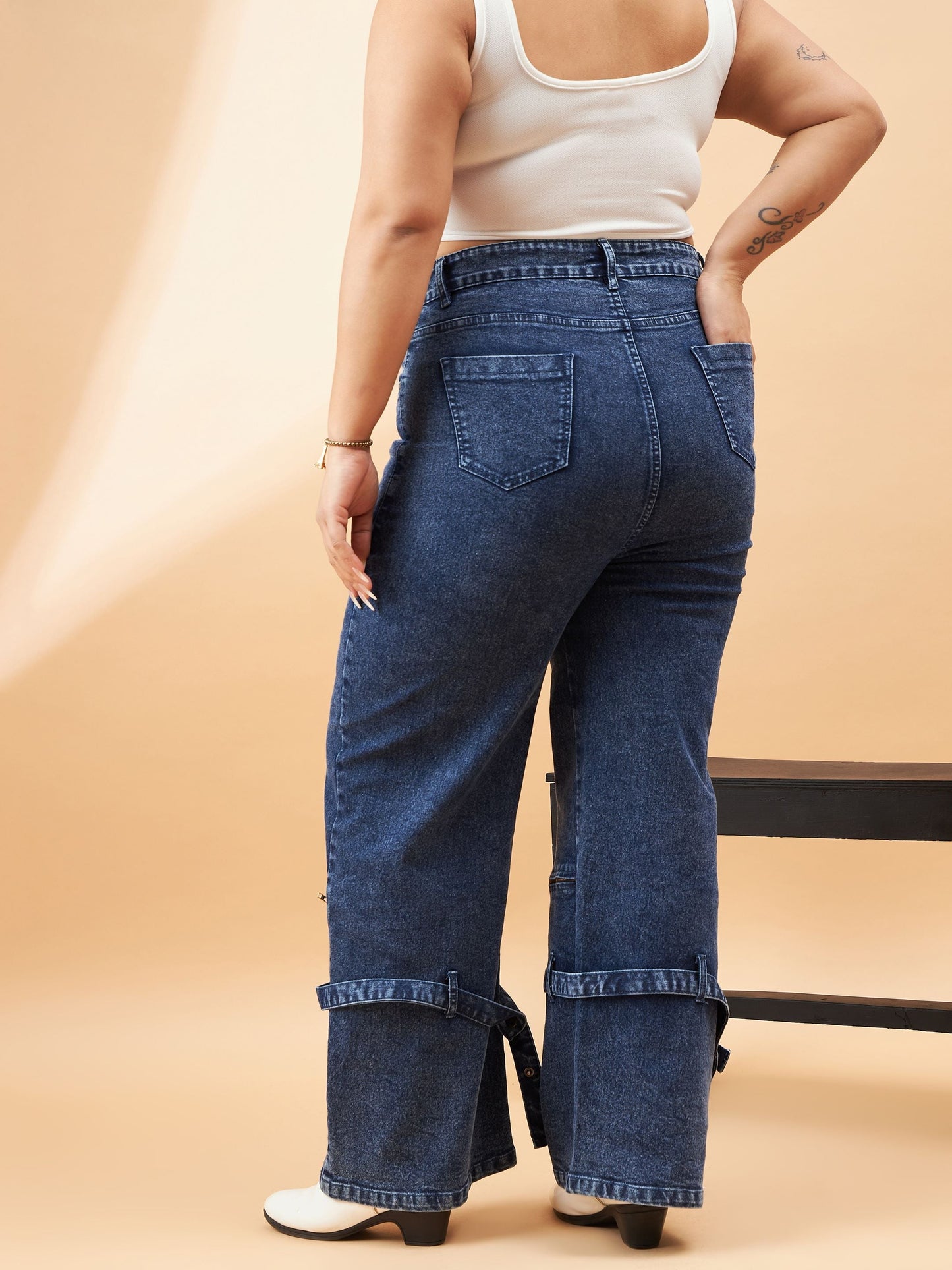 Blue Acid Wash Hem Zipper Detail Straight Jeans-SASSAFRAS Curve
