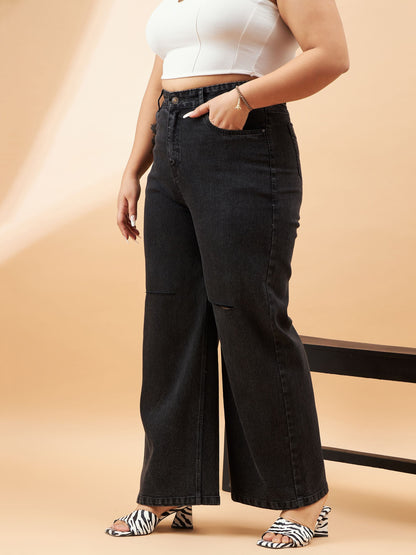 Black Acid Wash Knee Slash Straight Jeans