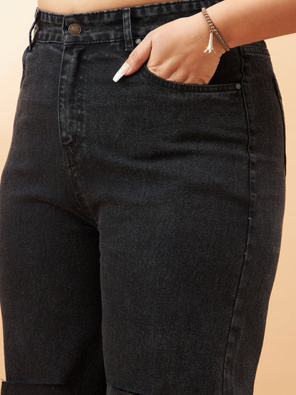 Black Acid Wash Knee Slash Straight Jeans