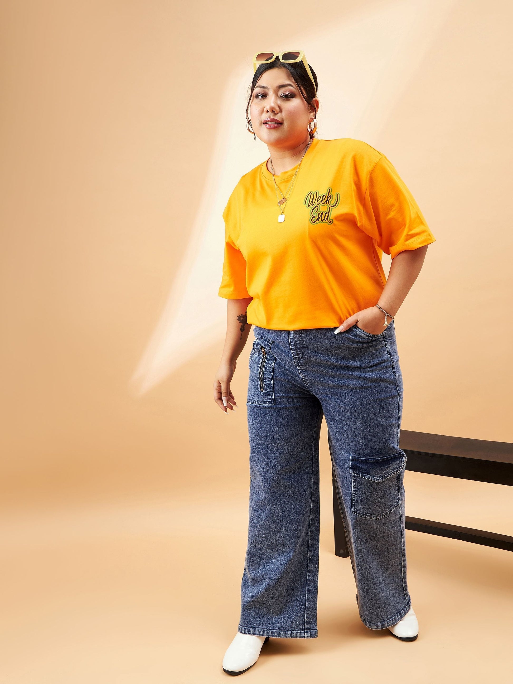 Ice Blue Metal Zipper Pocket Straight Jeans-SASSAFRAS Curve