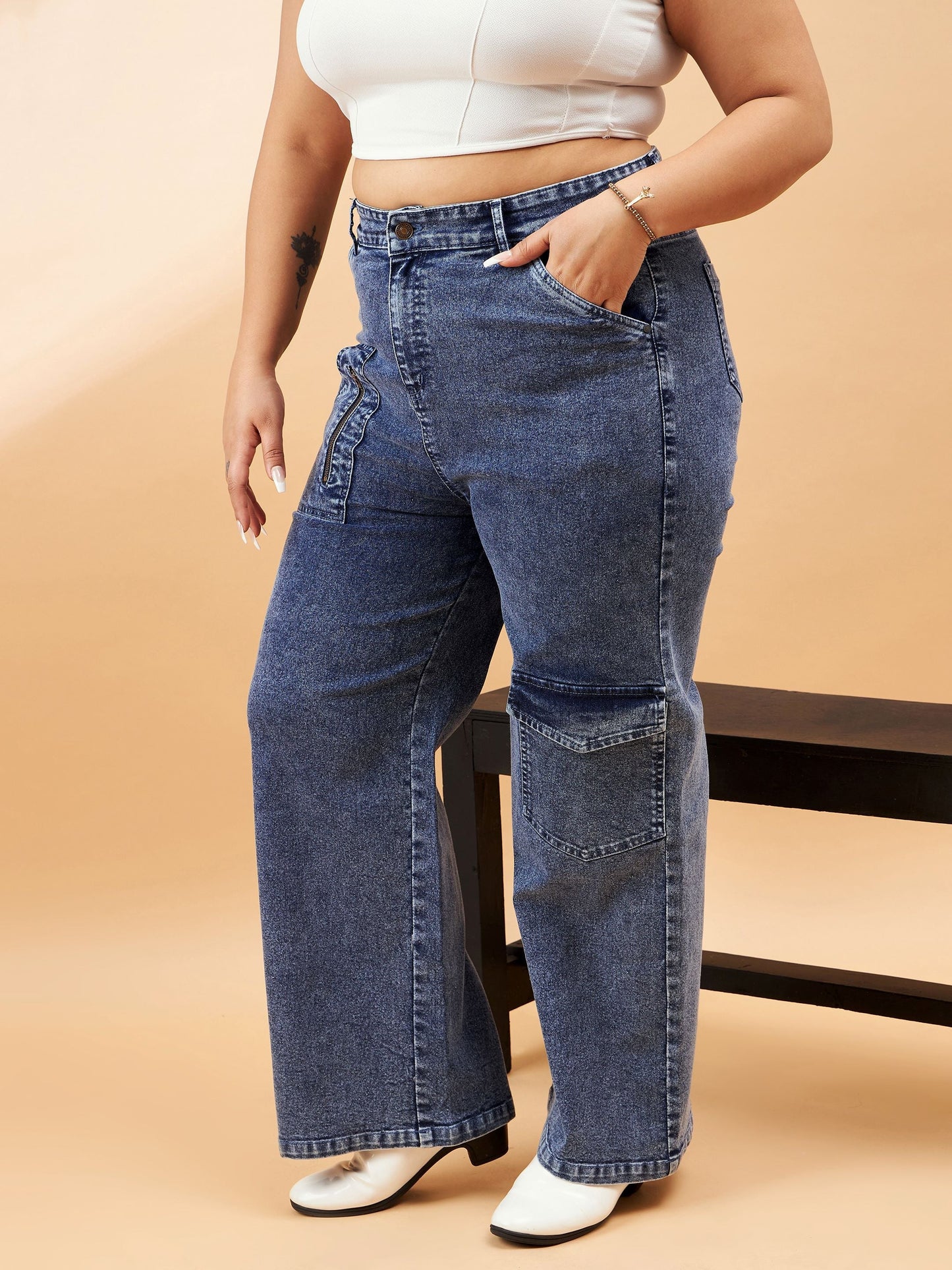Ice Blue Metal Zipper Pocket Straight Jeans-SASSAFRAS Curve