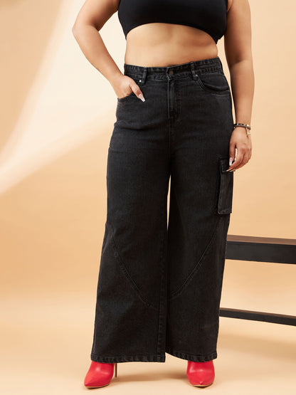 Black Acid Wash Side Pocket Detail Straight Jeans