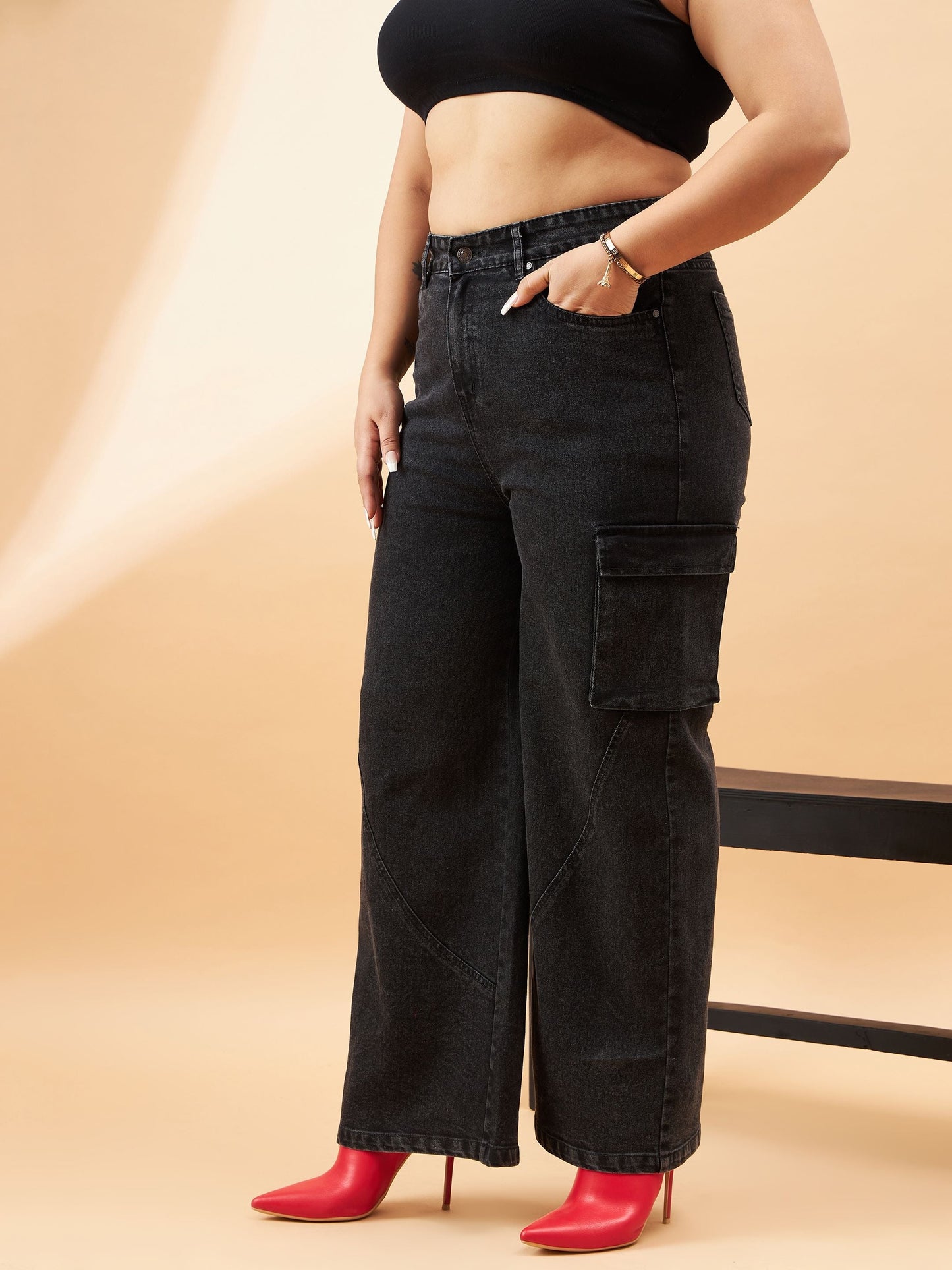 Black Acid Wash Side Pocket Detail Straight Jeans