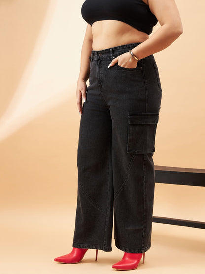 Black Acid Wash Side Pocket Detail Straight Jeans