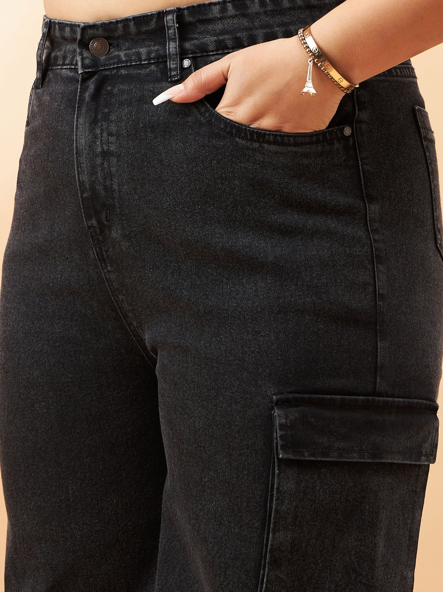 Black Acid Wash Side Pocket Detail Straight Jeans