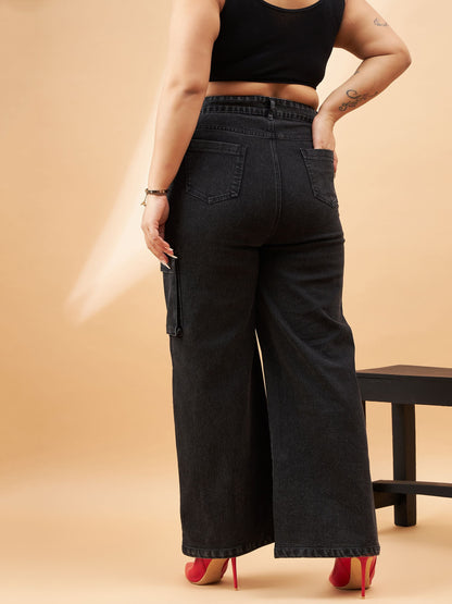 Black Acid Wash Side Pocket Detail Straight Jeans