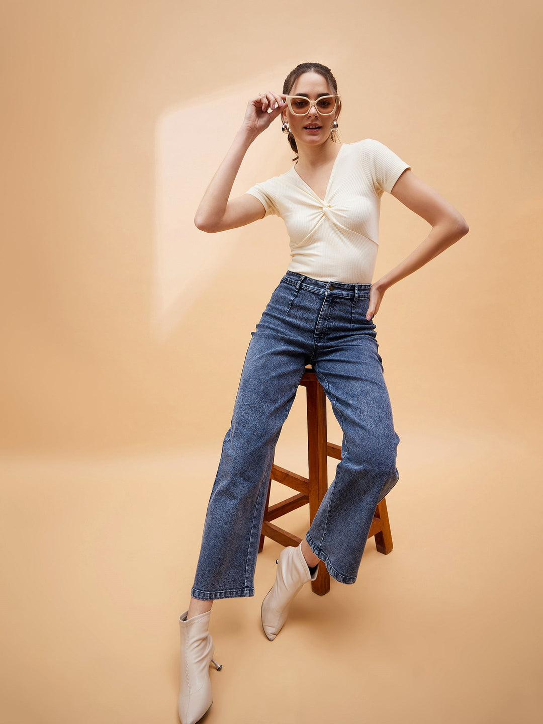 Women Blue High Waist Front Dart Jeans