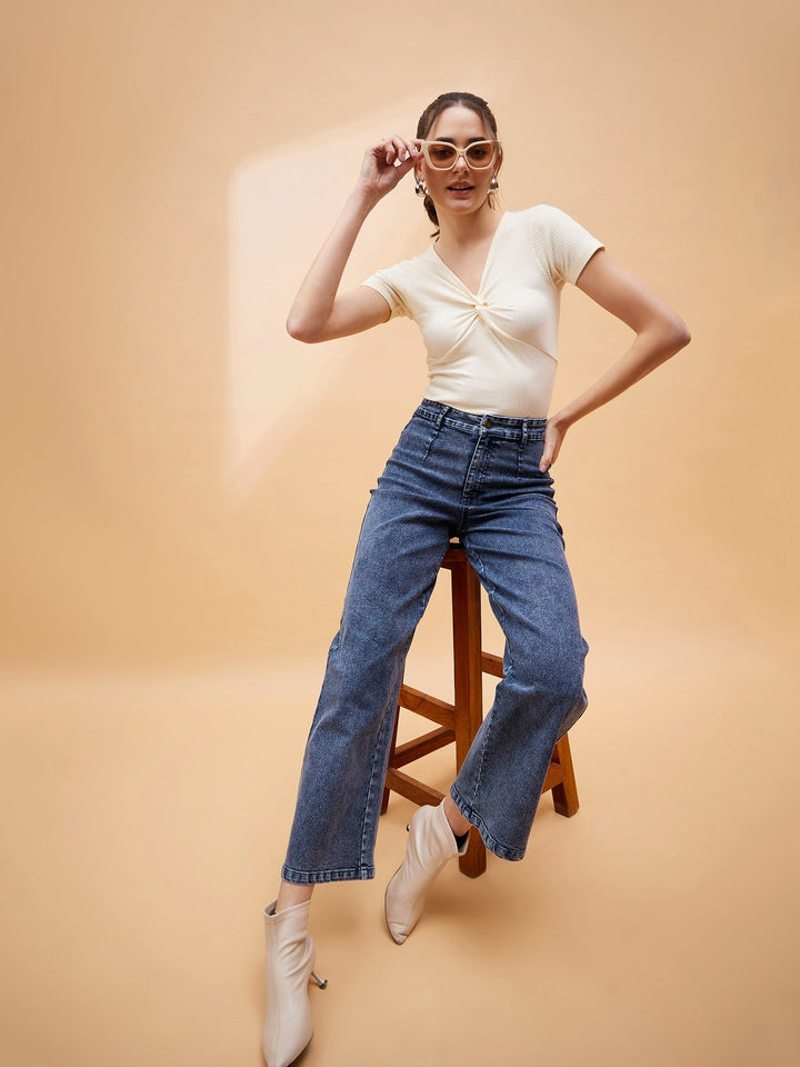 Women Blue High Waist Front Dart Jeans