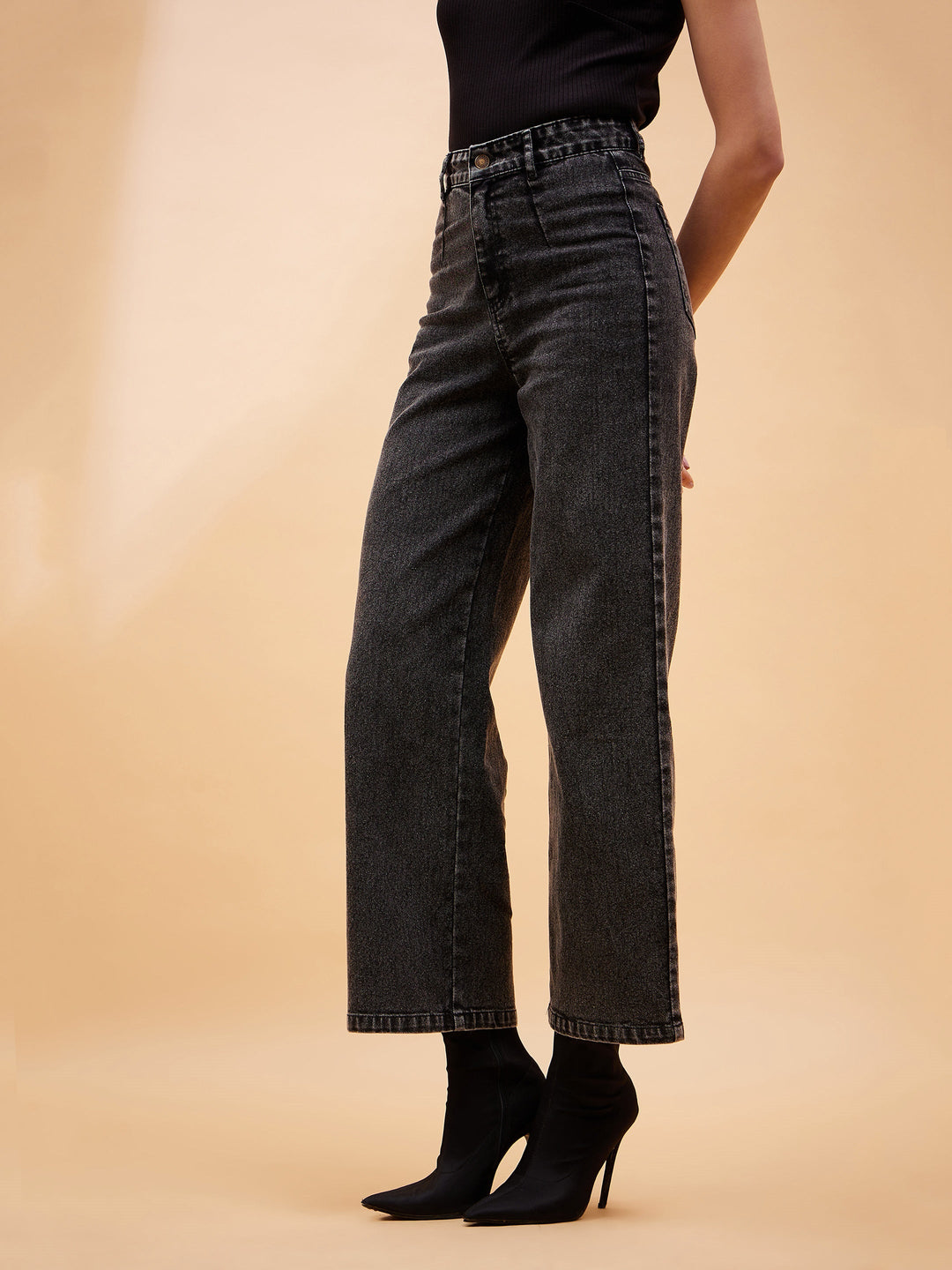 Women Black High Waist Front Dart Jeans