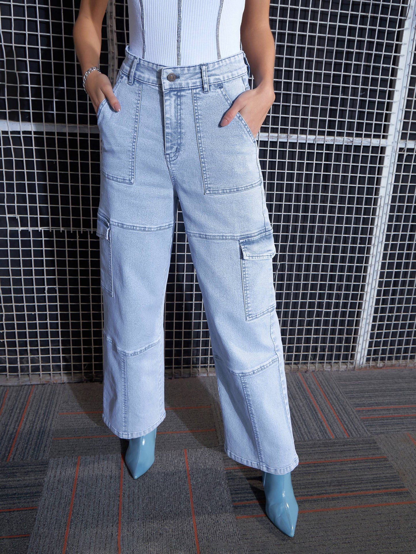 Blue Contrast Stitch Cargo Straight Jeans
