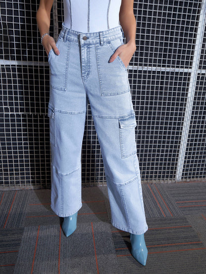 Blue Contrast Stitch Cargo Straight Jeans