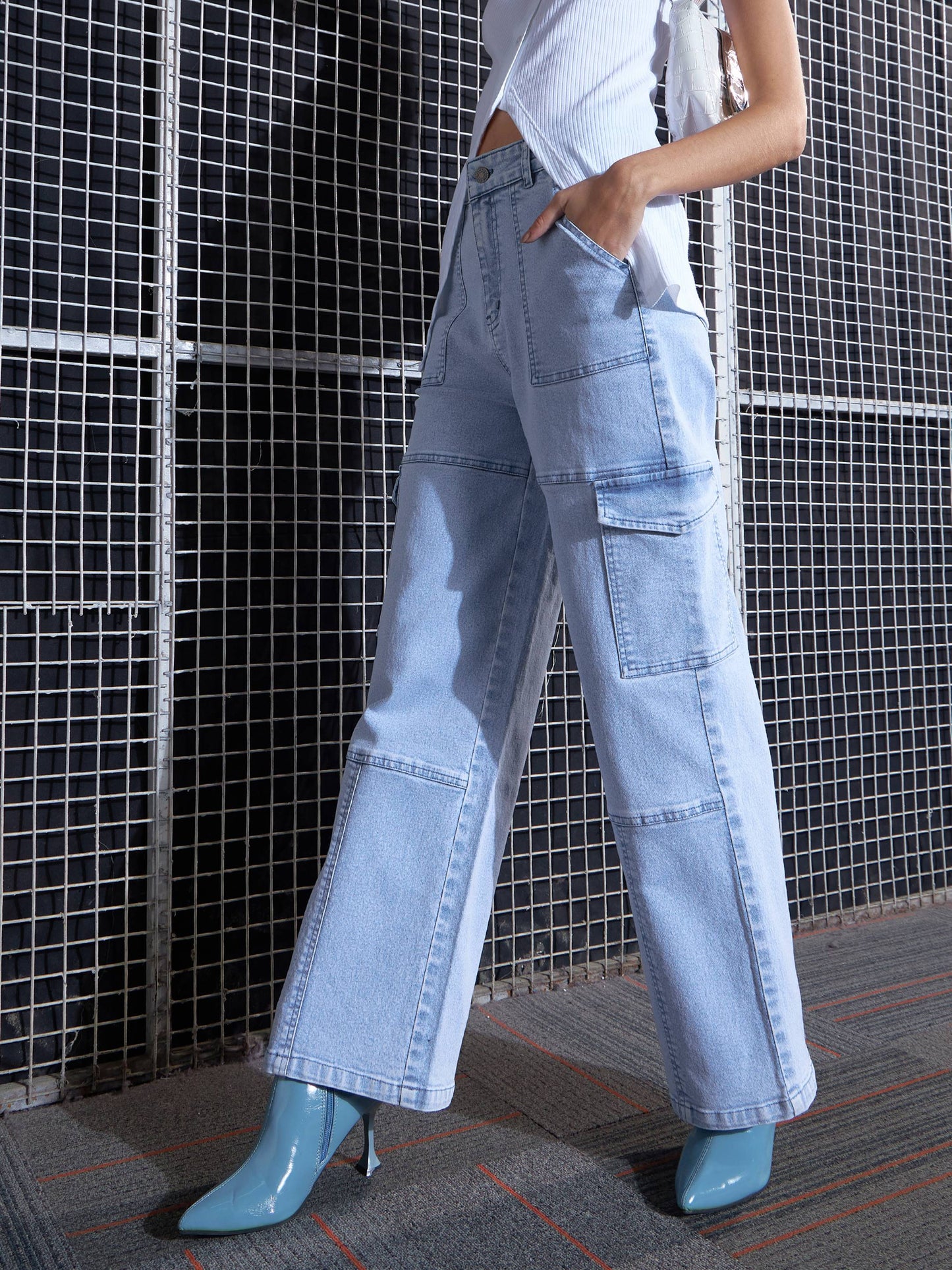 Blue Contrast Stitch Cargo Straight Jeans