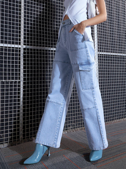 Blue Contrast Stitch Cargo Straight Jeans
