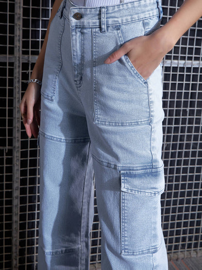 Blue Contrast Stitch Cargo Straight Jeans