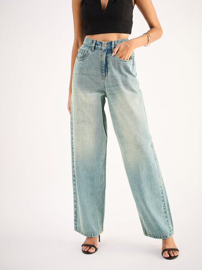 Blue Whisker Faded Wide Leg Jeans