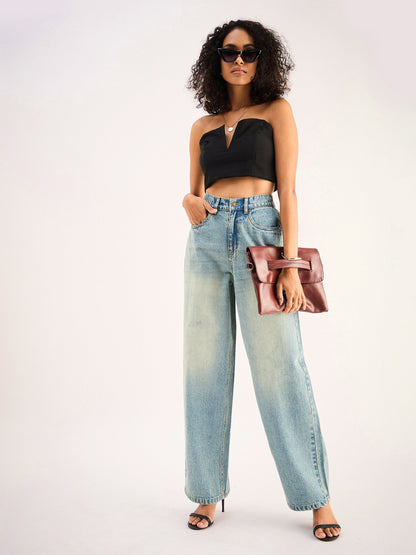Blue Whisker Faded Wide Leg Jeans