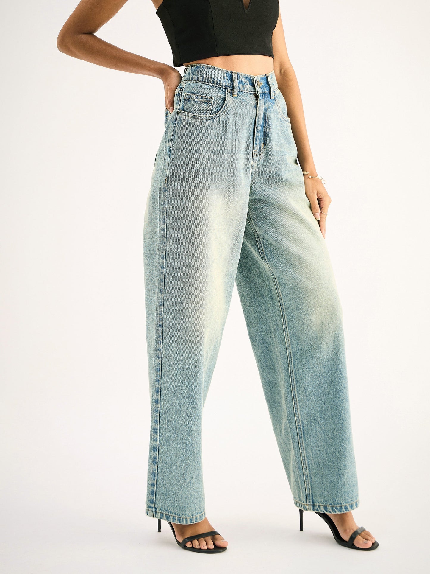 Blue Whisker Faded Wide Leg Jeans
