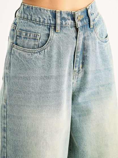 Blue Whisker Faded Wide Leg Jeans
