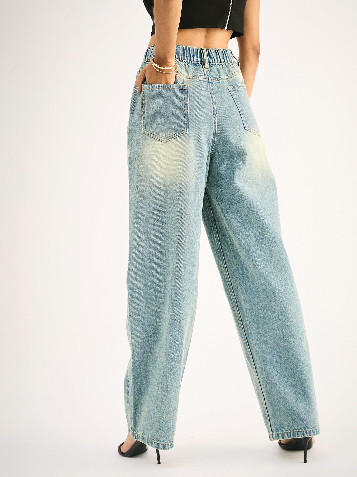 Blue Whisker Faded Wide Leg Jeans